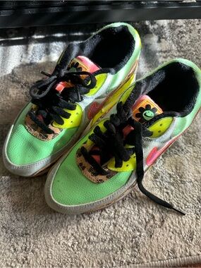 Kids Bright Green Lace-Up Athletic Shoes with Pink Swoosh